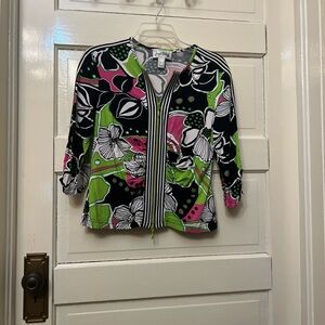 Joseph Ribkoff Multicolor Patterned Top vtg Y2K Artsy Quirky floral zip up Sz 12